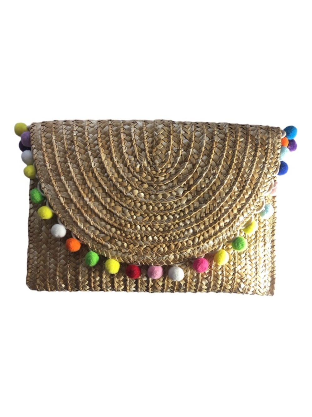 Shiraleah Carmelita Woven Straw Clutch with Pom Pom Trim NWOT